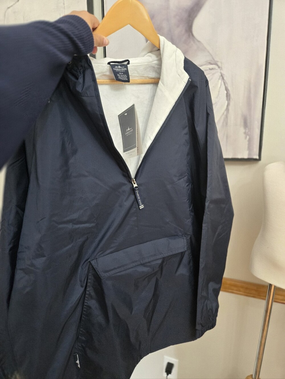 NWTCharles River Apparel Classic Pullover Rain Jacket Windbreaker XL  Navy Hoode - Picture 14 of 16